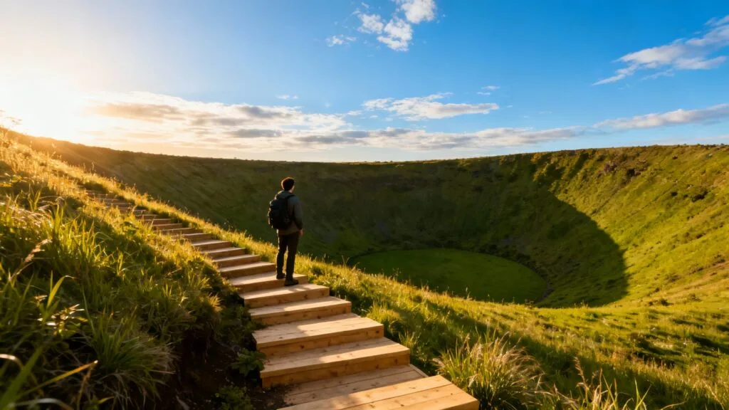 Randonneur sur la lèvre d’un cratère volcanique verdoyant