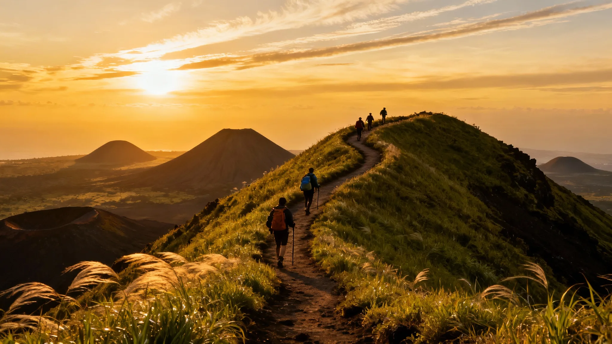 Crête herbeuse auvergnate et randonneurs sur sentier volcanique