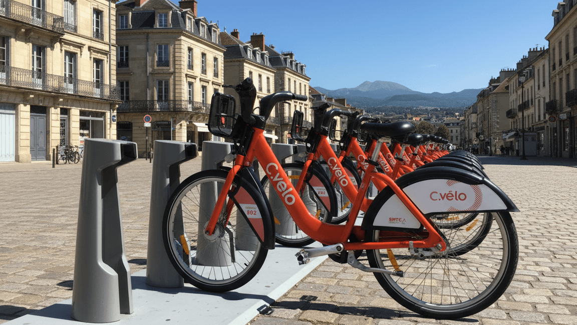 Vélos C.vélo stationnés à une borne en centre-ville de Clermont-Ferrand, symbole du service de location et libre-service de la métropole.