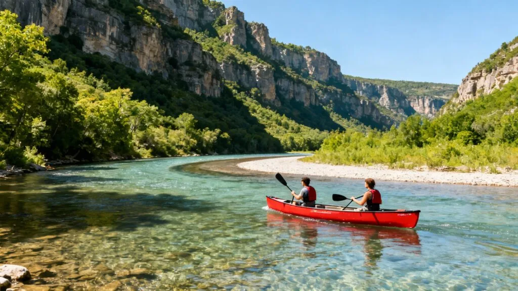 Canoë biplace sur rivière paisible entre falaises