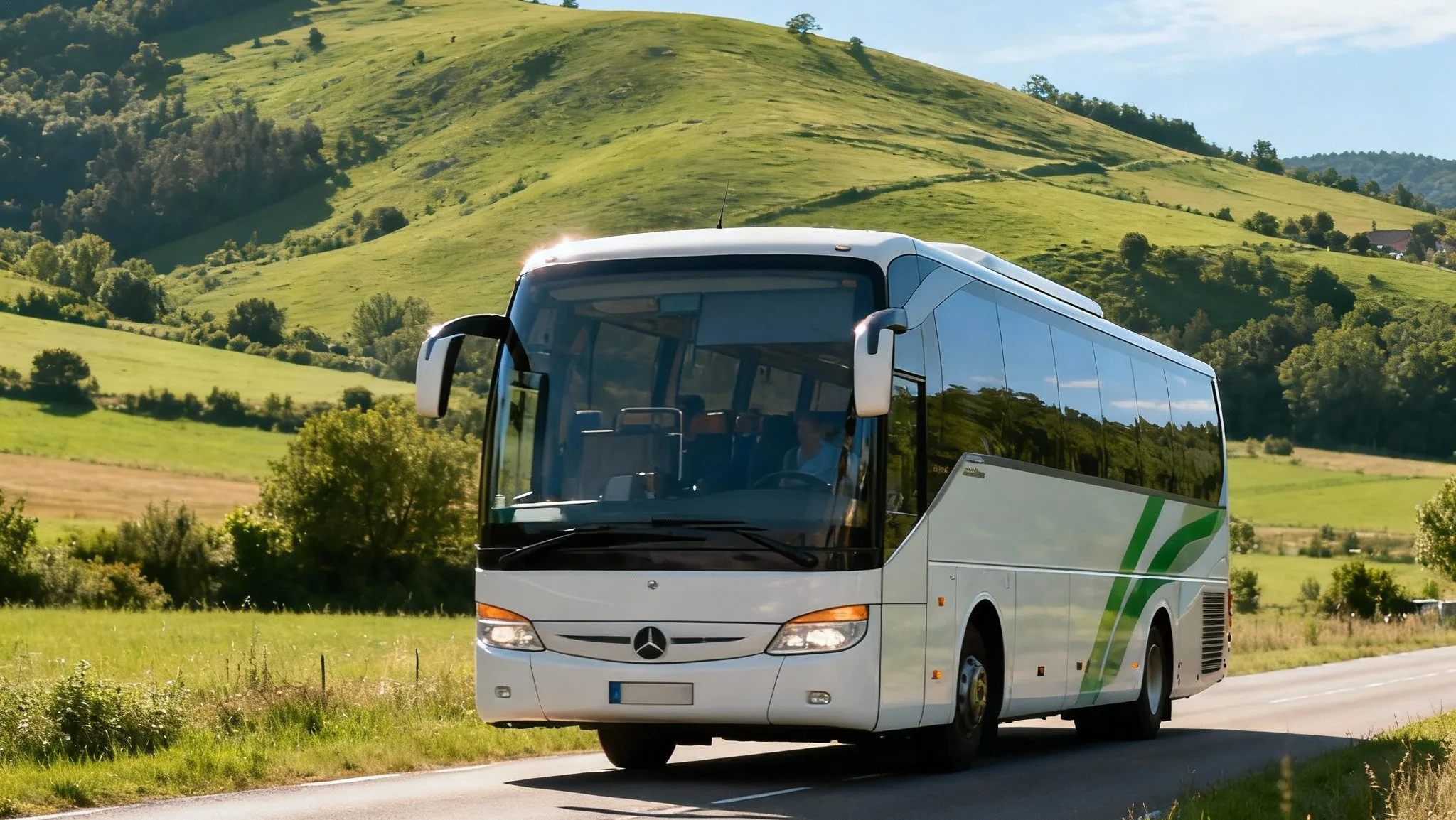 Autocar régional circulant sur une route de campagne vallonnée en Auvergne, entourée de collines vertes sous un ciel clair d’été.