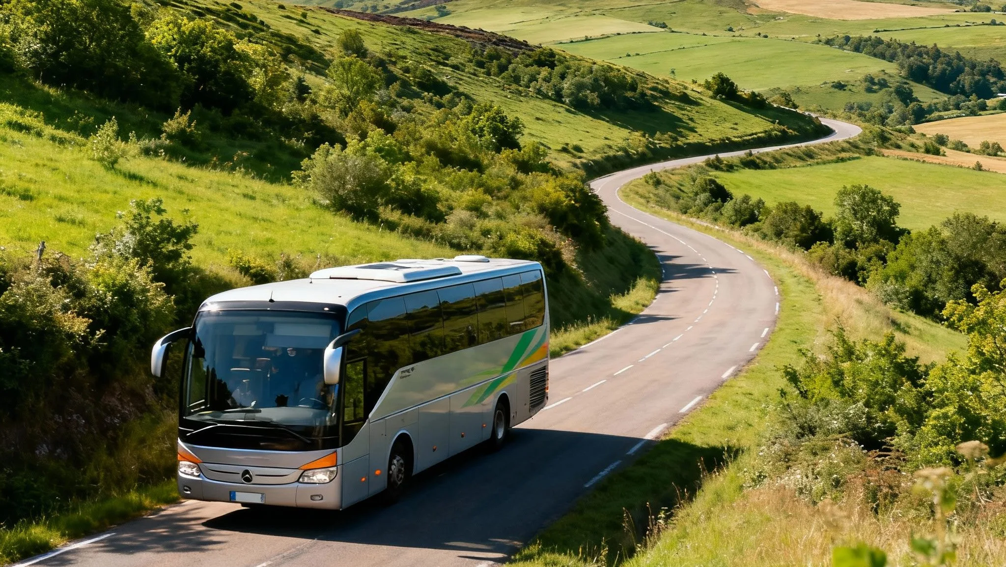 Autocar du réseau Cars Région Puy-de-Dôme circulant sur une route de campagne verdoyante avec les volcans d’Auvergne en arrière-plan, sous un ciel clair d’été.
