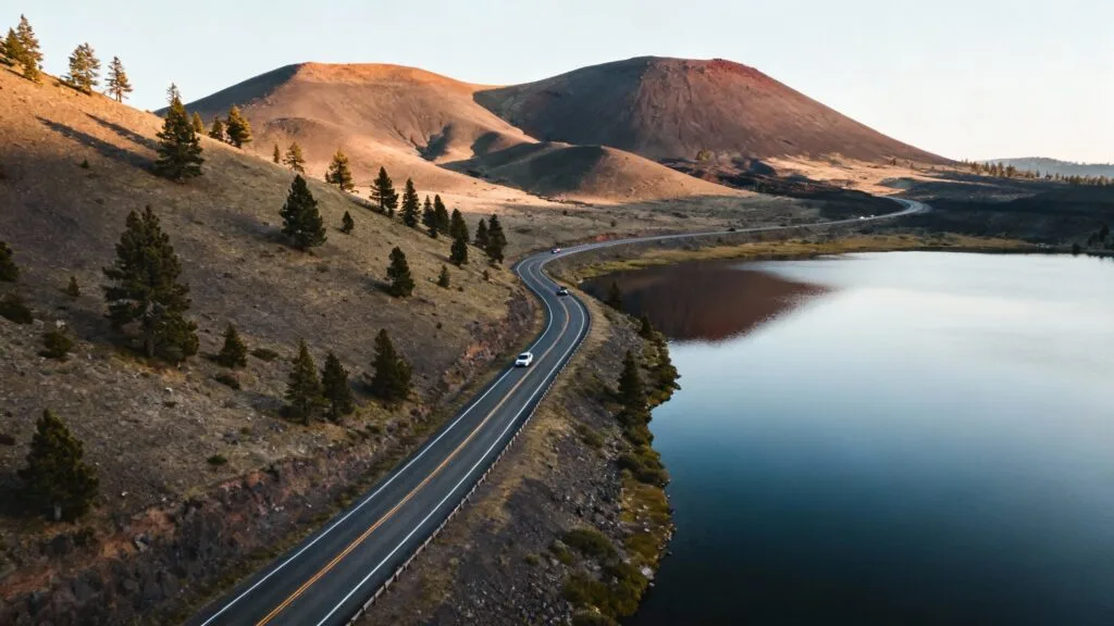 Route panoramique le long d'un lac en Auvergne