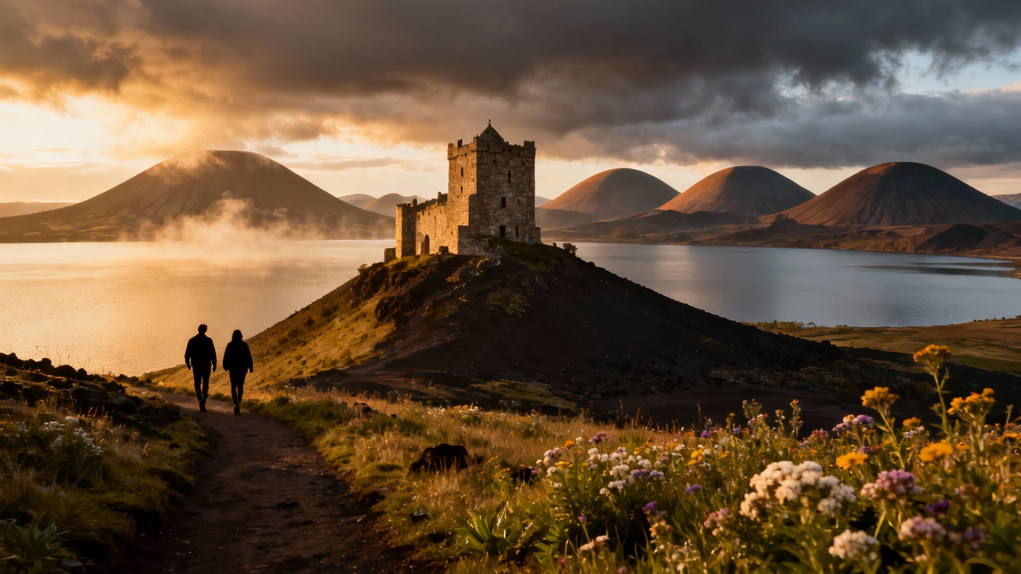 Chateau auvergne au bord d’un lac au soleil couchant
