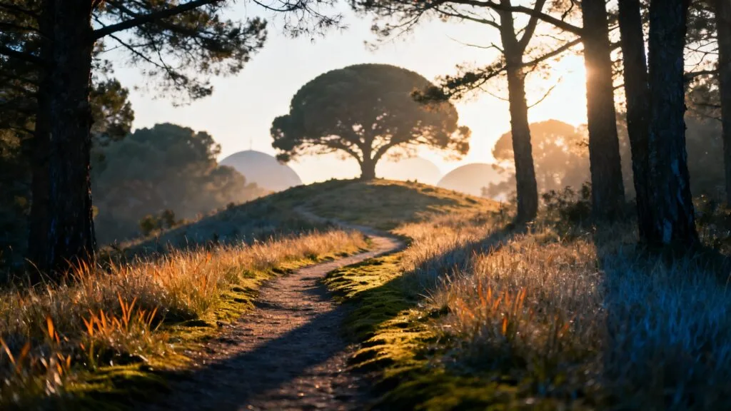 Sentier forestier menant à un panorama de dômes volcaniques