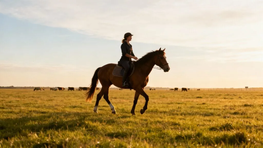 Balade à cheval sur plateau herbeux, large horizon
