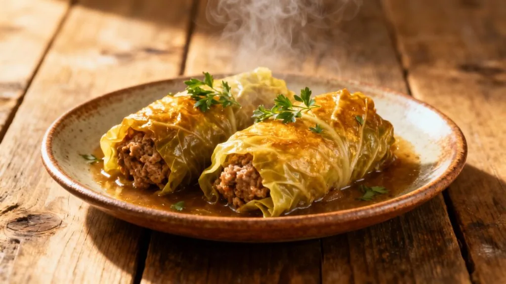 Chou farci auvergnat mijoté, farce généreuse et feuilles dorées