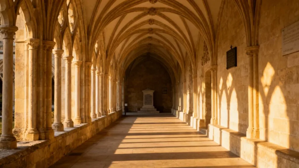Cloître gothique, colonnes fines et lumière dorée