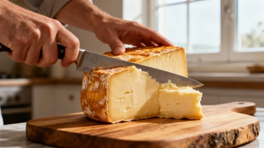 Découpe d'un Saint-Nectaire fermier AOP, croûte lavée et pâte crémeuse