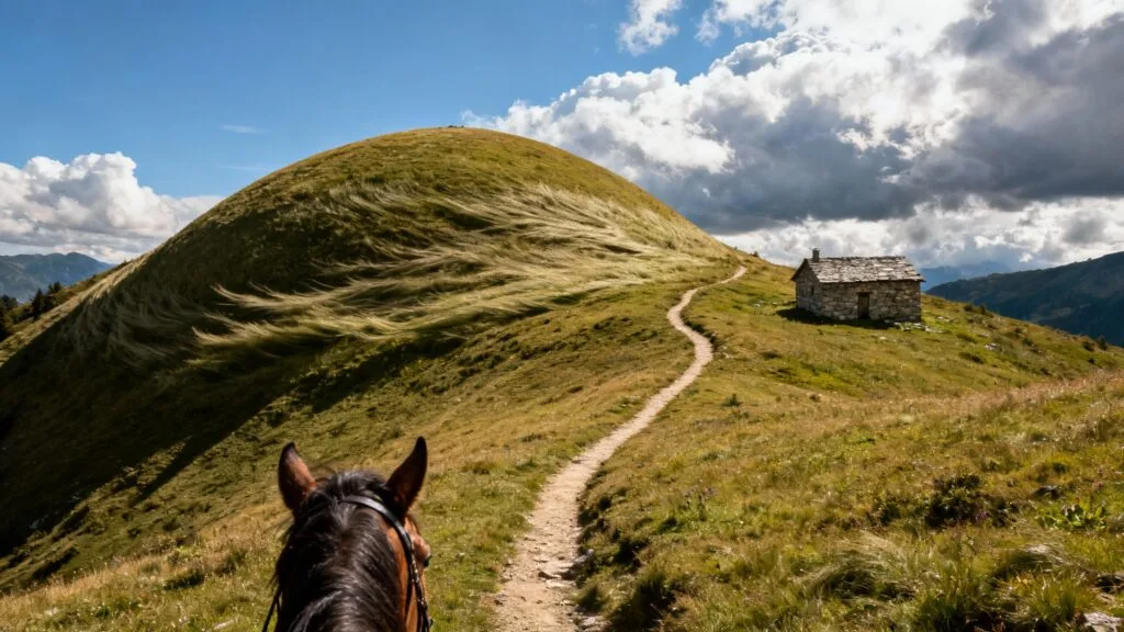 Sentier sur un dôme herbeux avec buron à l’horizon