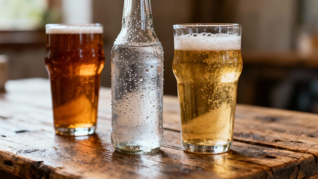 Bières artisanales et eau minérale sans étiquette