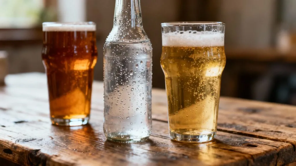 Bières artisanales et eau minérale sans étiquette