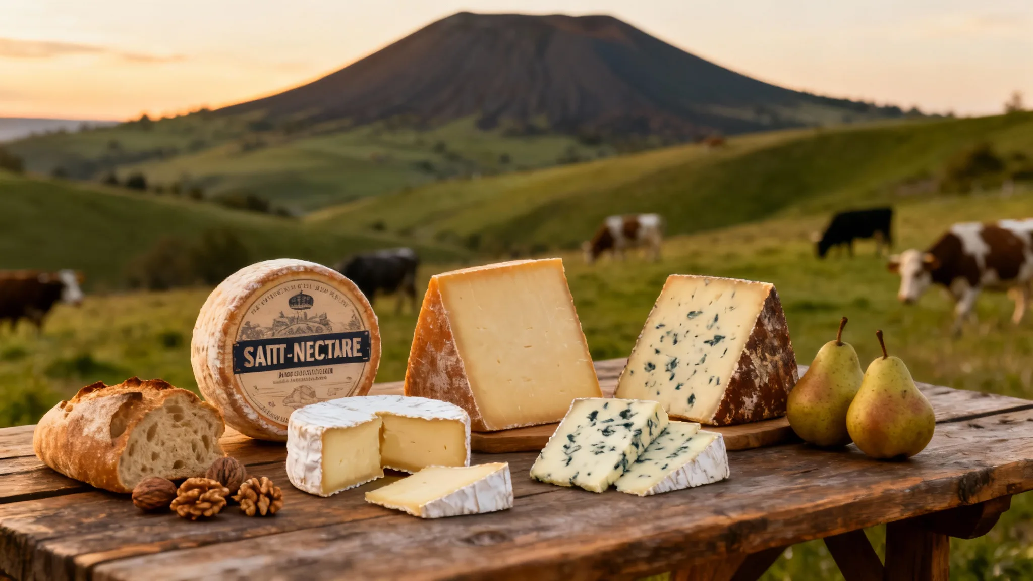 Plateau des 5 fromages d’Auvergne AOP (Saint-Nectaire, Cantal, Salers, Bleu d’Auvergne, Fourme d’Ambert) avec pain et noix sur table rustique