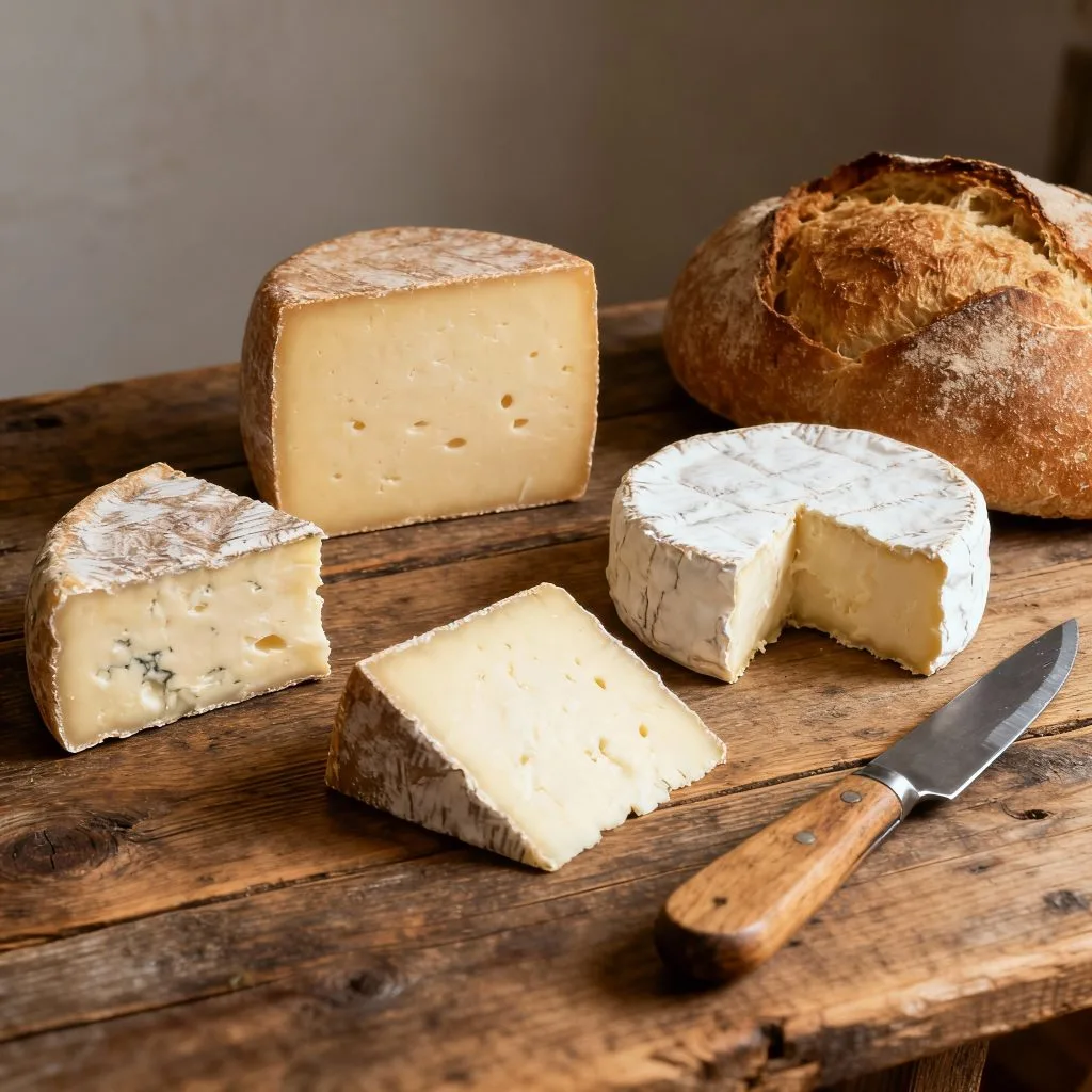 Plateau de fromages d’Auvergne posé sur une table rustique en bois