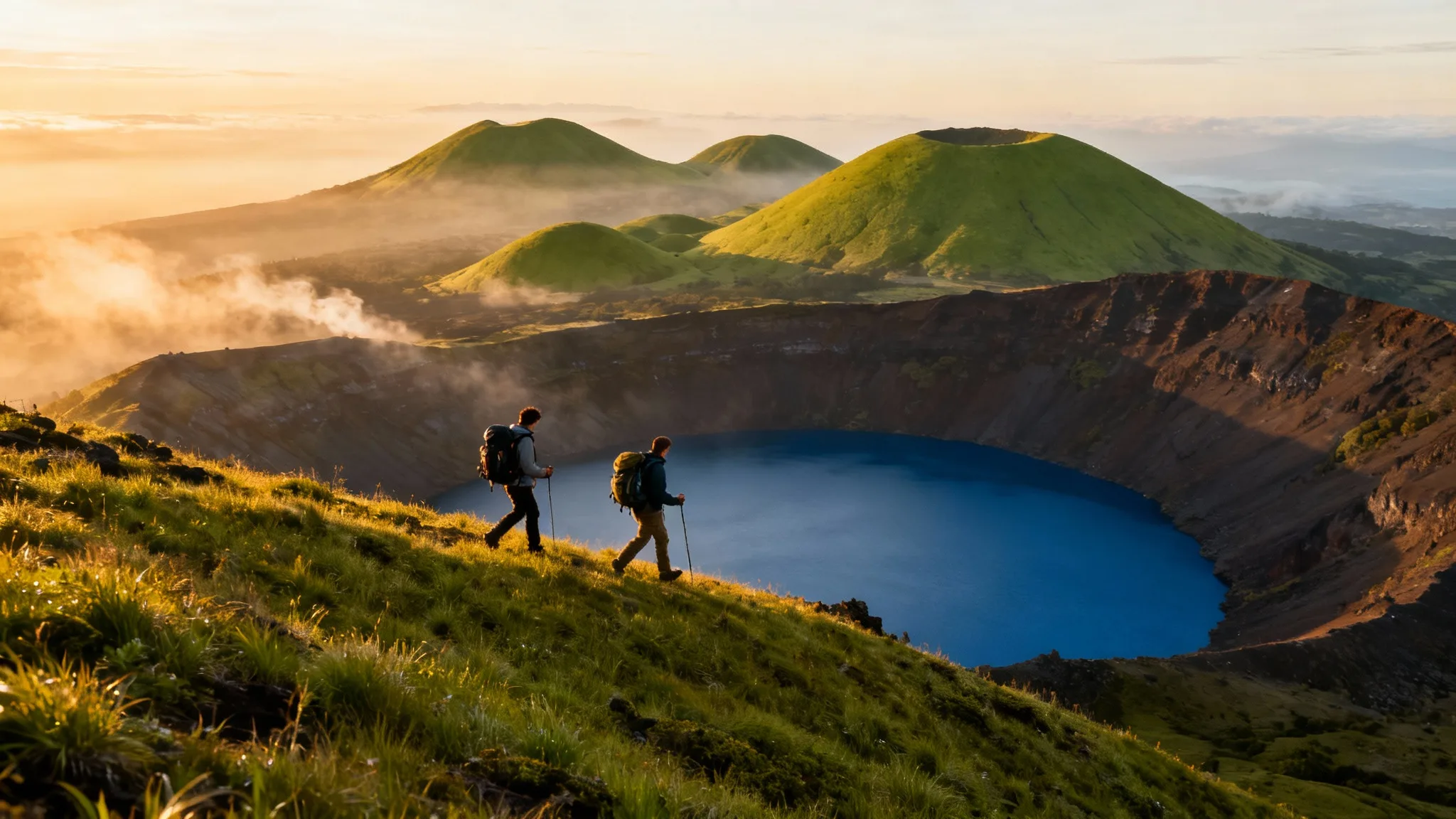 Randonneurs sur crête volcanique et lac bleu, gr en Auvergne