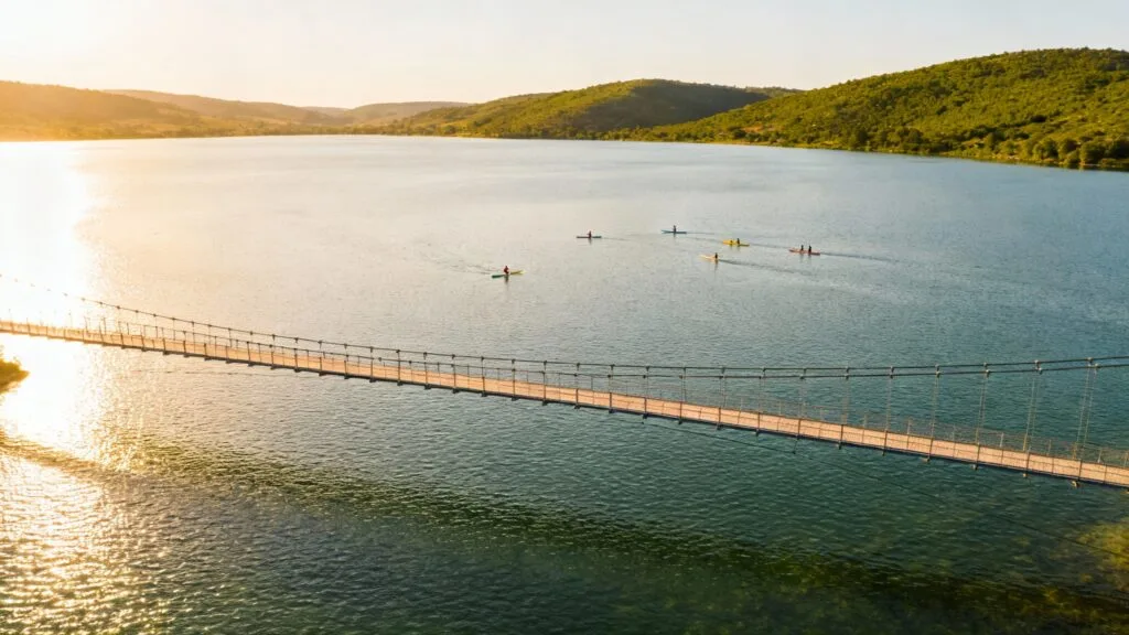 Passerelle suspendue au-dessus d'un large lac