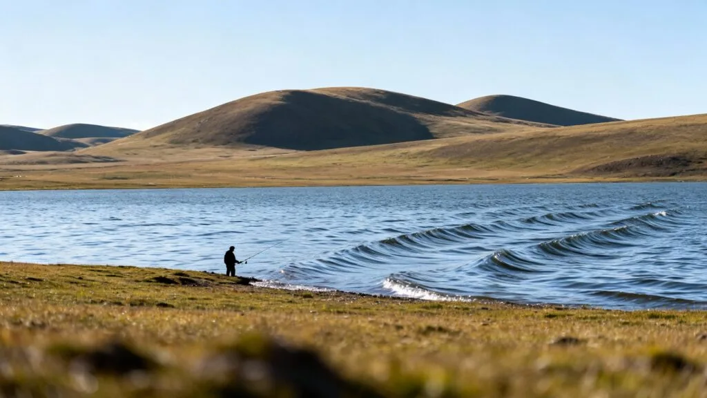 Lac d'altitude avec vagues et plateau herbeux