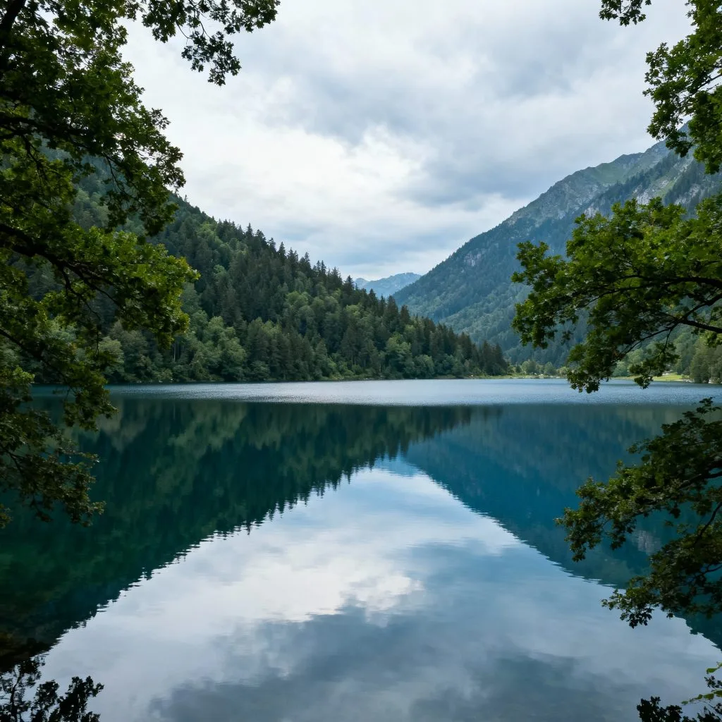 Lac d’Auvergne entouré d’arbres et de collines verdoyantes
