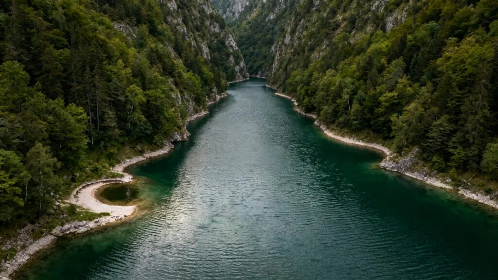 Lac encaissé aux gorges profondes et criques sauvages