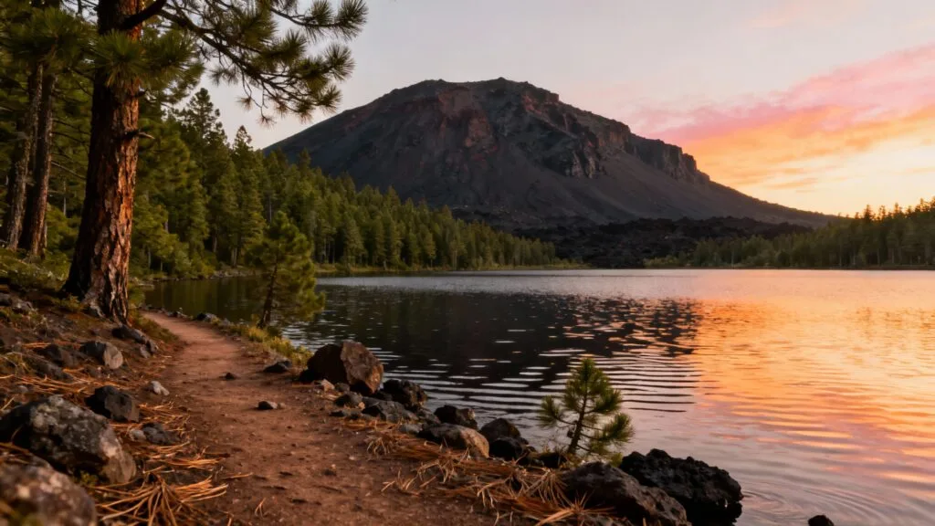 Sentier au bord d’un lac dominé par des falaises volcaniques