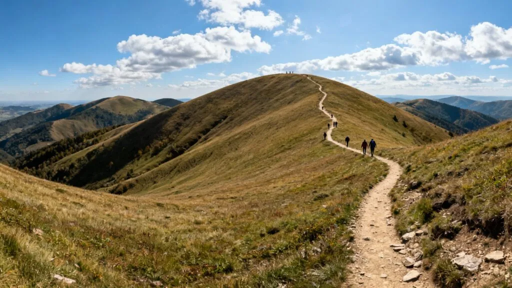 Randonneurs marchant sur une ligne de crête panoramique