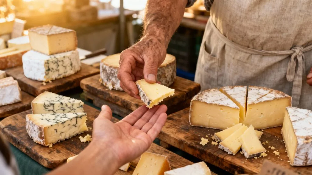 Dégustation de fromages d'Auvergne sur un marché local