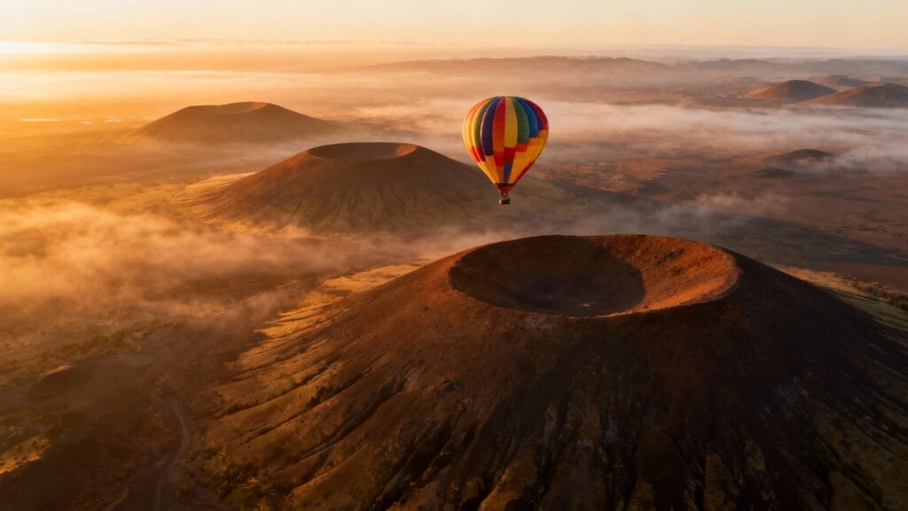 Montgolfière au-dessus de collines volcaniques à l’aube