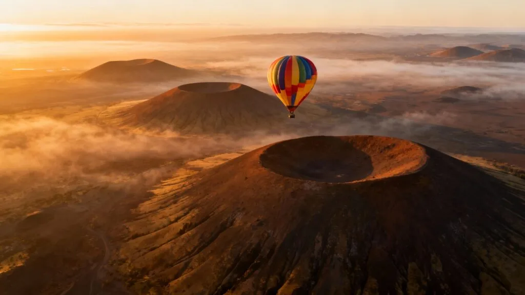 Montgolfière au-dessus de collines volcaniques à l’aube