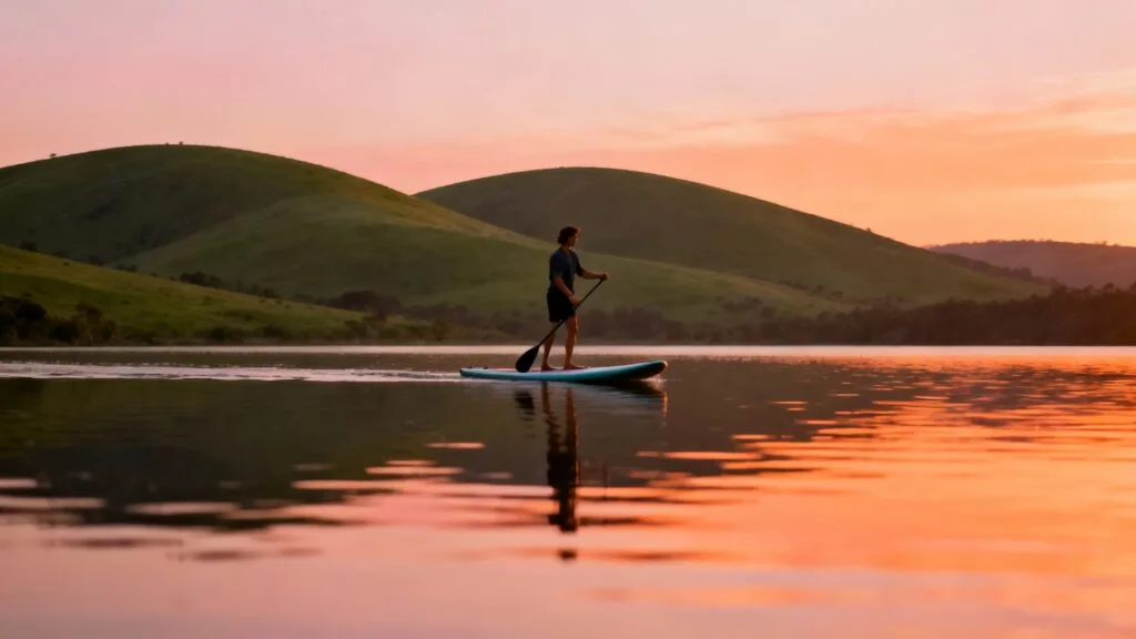 Pratiquant paddle sur lac calme entouré de collines