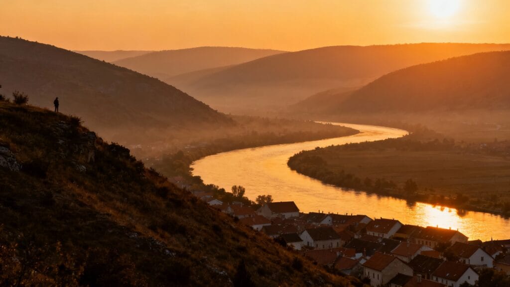 Vallée et toits d'une petite ville au coucher du soleil