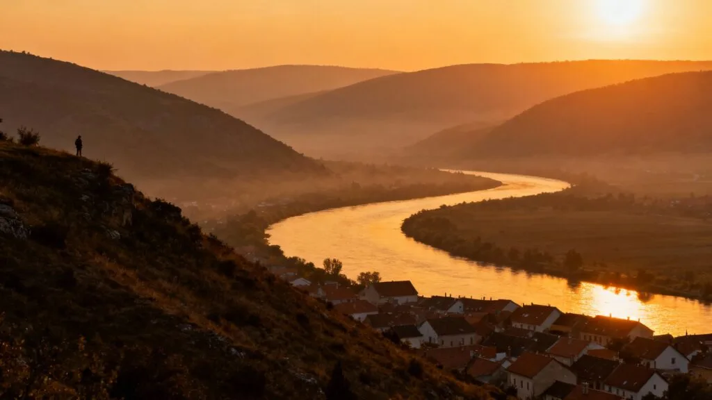 Vallée et toits d'une petite ville au coucher du soleil