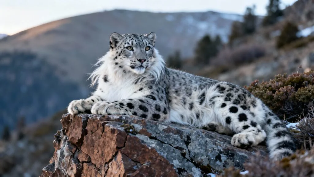 Panthère des neiges, espèce menacée, dans un enclos paysager