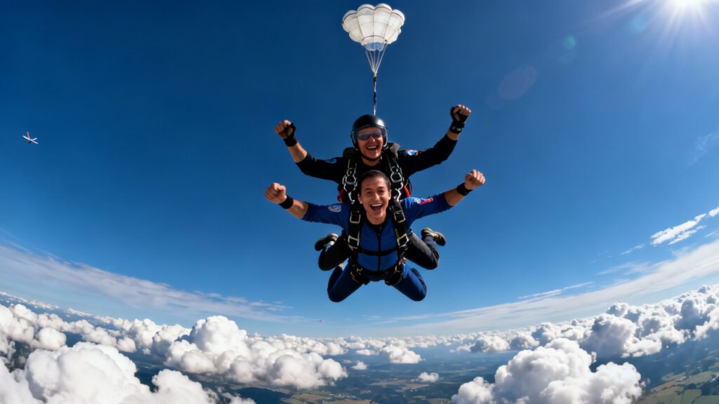 Parachutistes en tandem en chute libre au-dessus des nuages