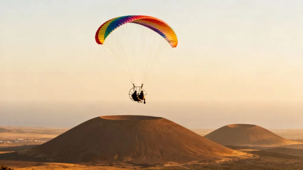 Parapente biplace au-dessus des volcans, vue panoramique