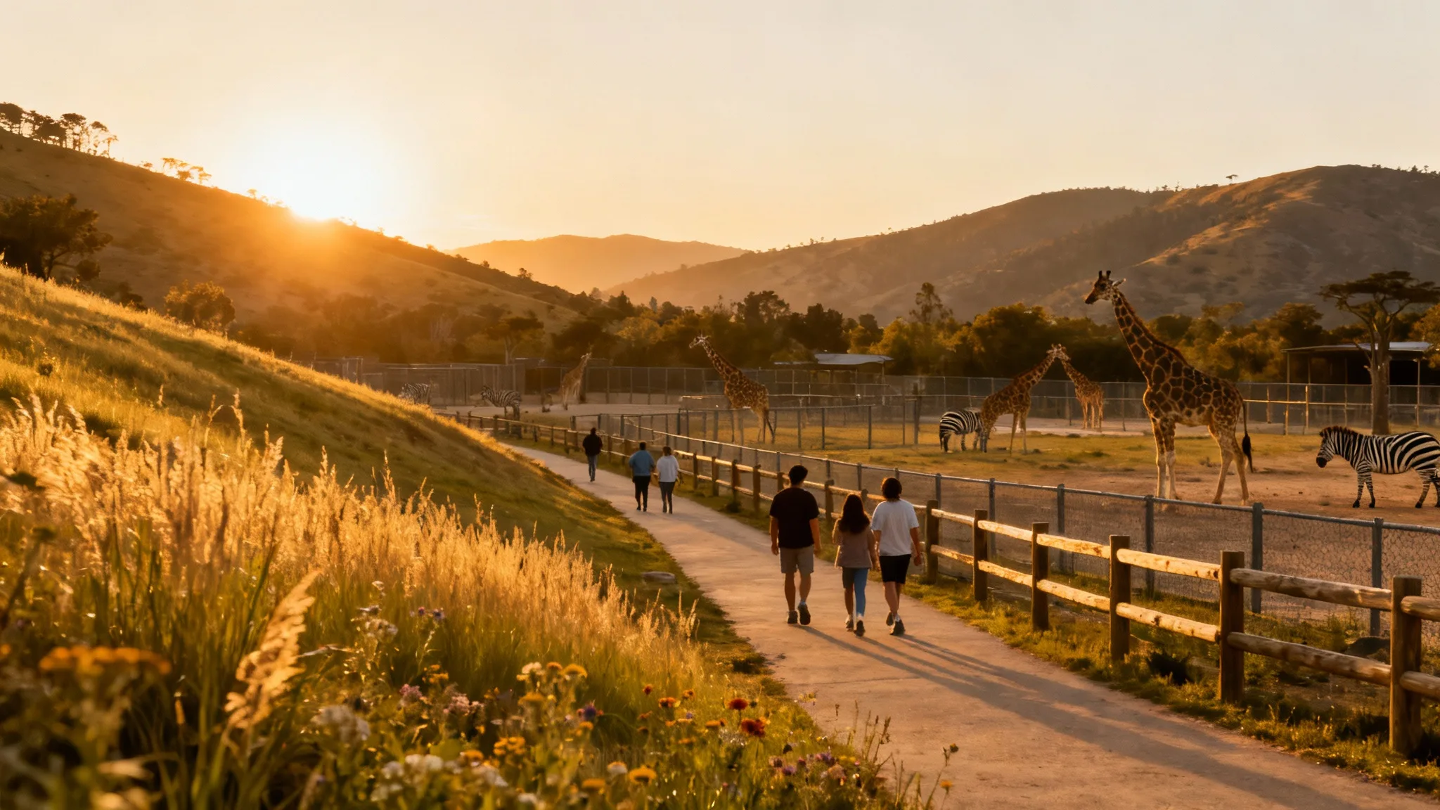 Panorama du parc animalier d’Auvergne au coucher du soleil
