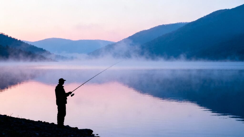 Pêcheur au bord d’un lac de montagne au petit matin