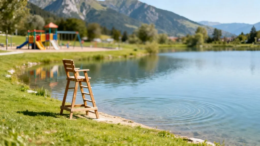Petite plage aménagée en altitude avec pelouse