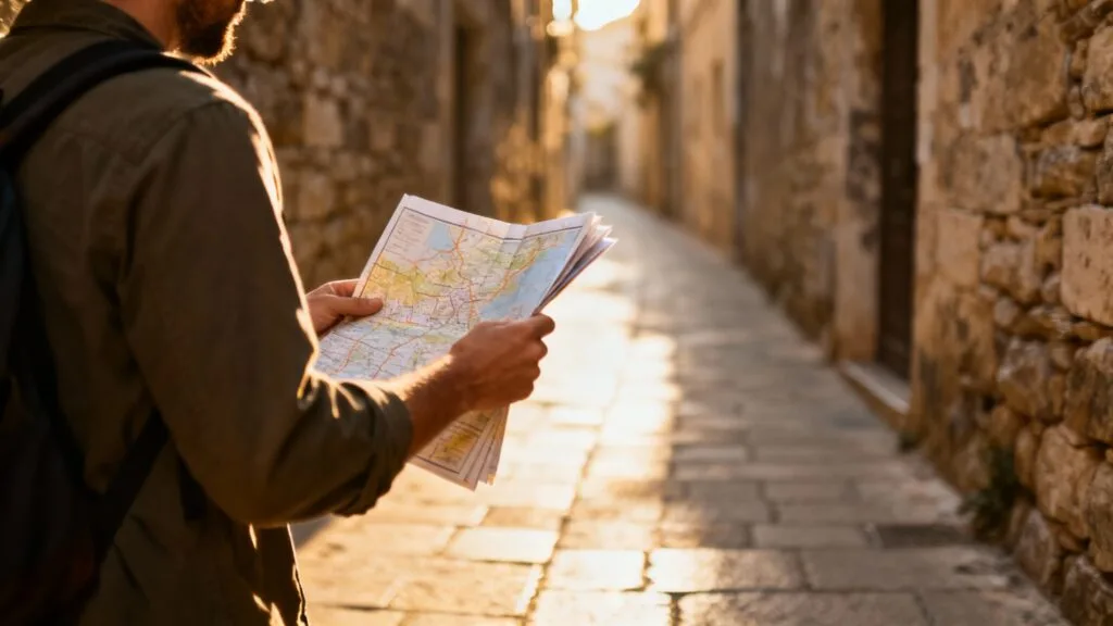 Carte papier tenue en main dans une ruelle pavée