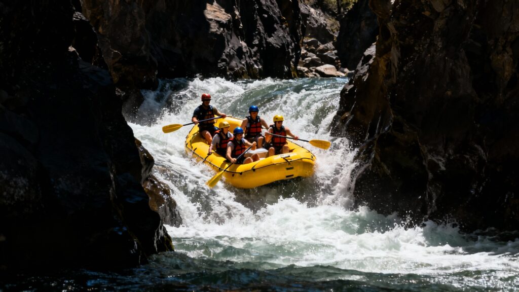 Raft franchissant des rapides dans des gorges volcaniques