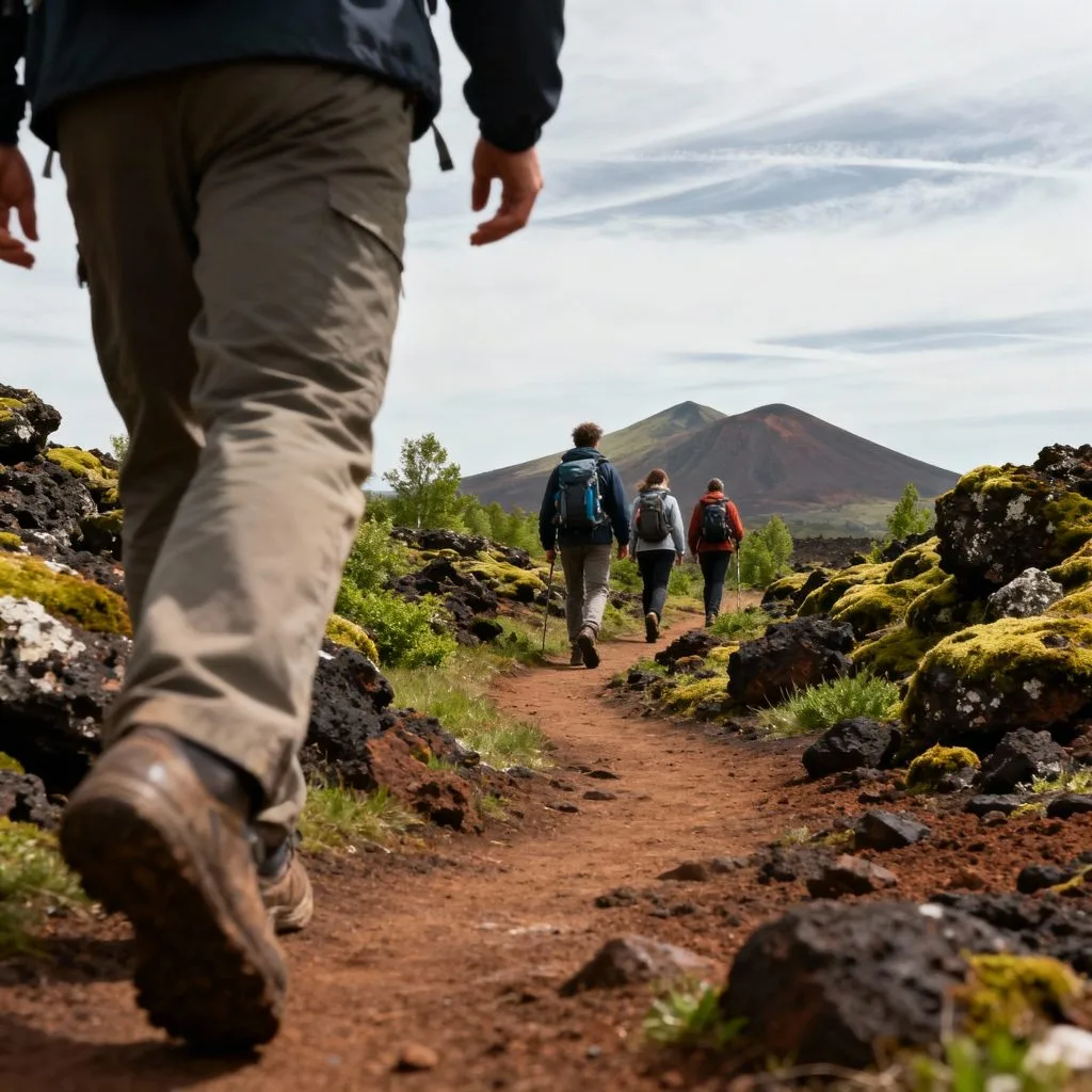 Randonneurs marchant sur un sentier verdoyant avec vue sur les volcans d’Auvergne