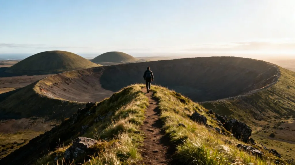 Sentier de randonnée sur dôme volcanique au petit matin