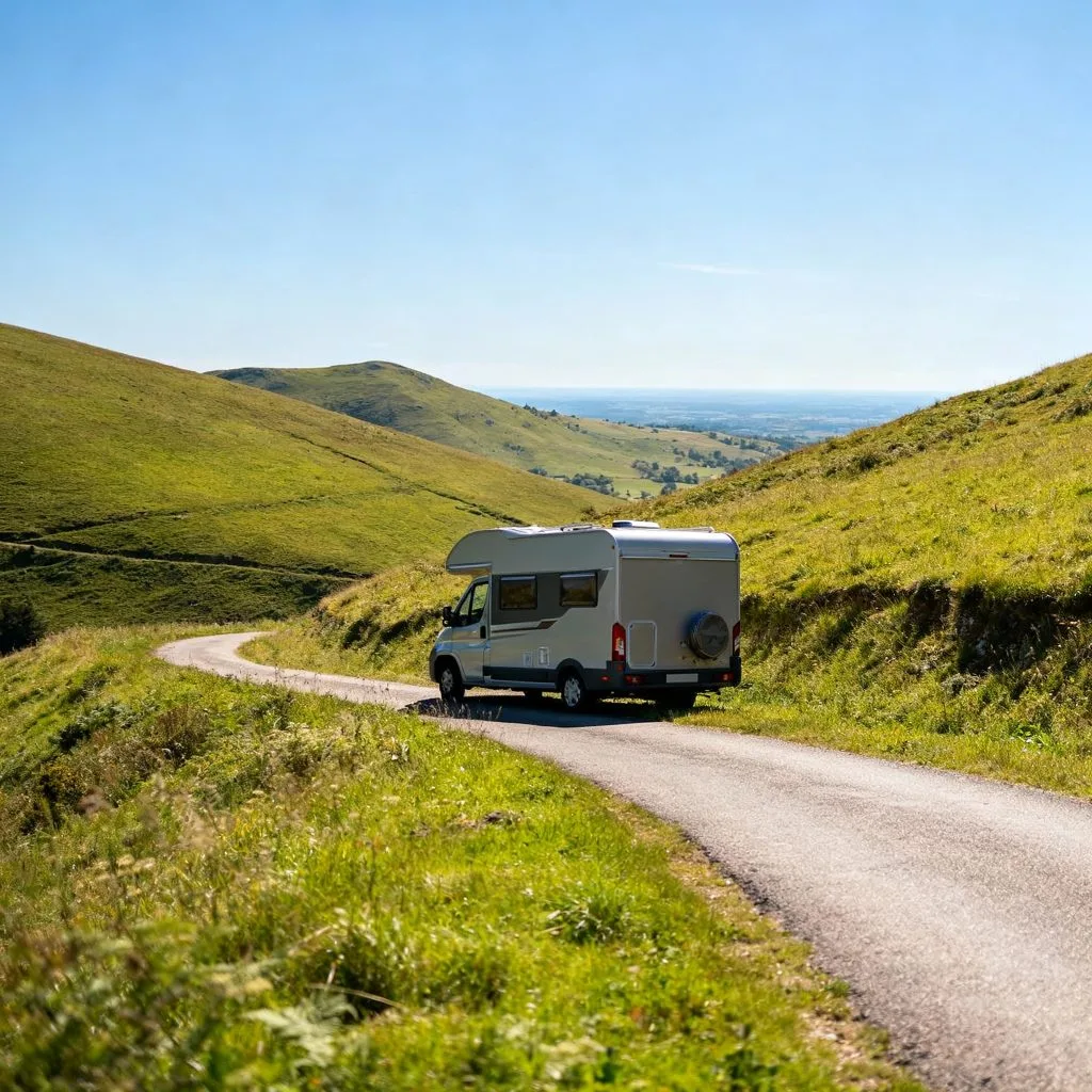 Van roulant sur une route de campagne dans les paysages vallonnés d’Auvergne