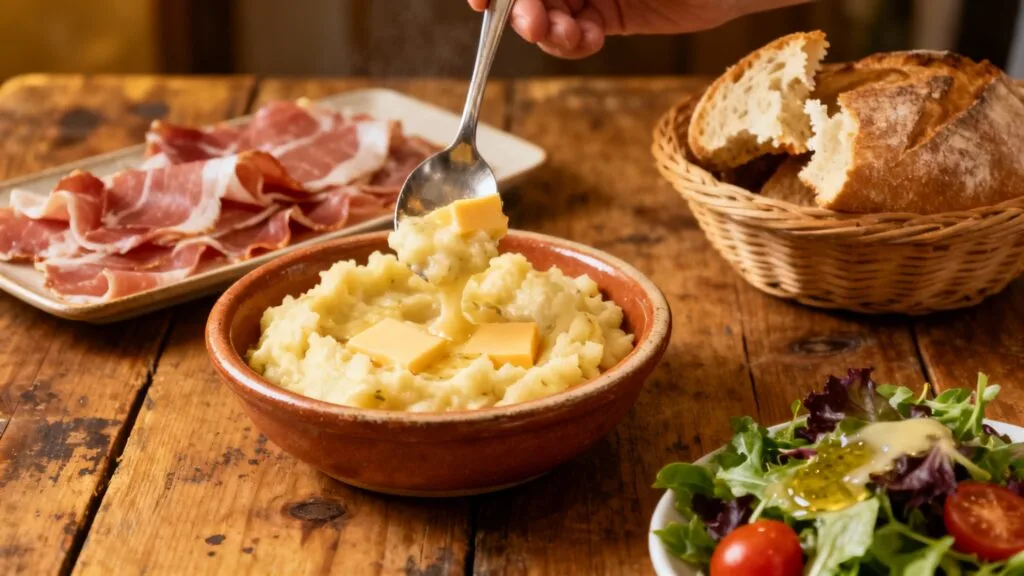 Assiette d'aligot filant, charcuterie et pain rustique