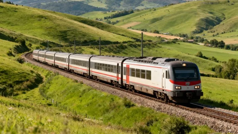 Train TER Auvergne-Rhône-Alpes circulant sur une ligne régionale à travers les collines et volcans du Puy-de-Dôme, par une journée ensoleillée.