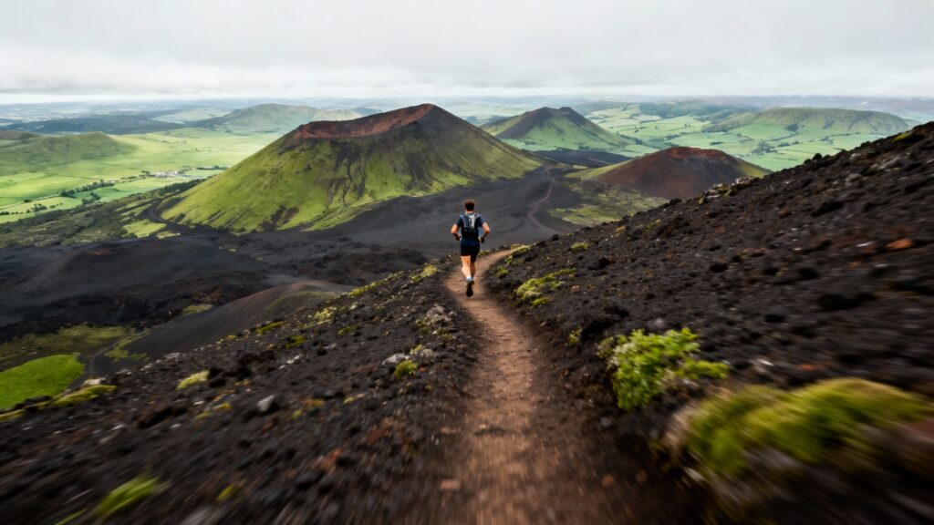 Coureur en trail sur crête avec panorama volcanique