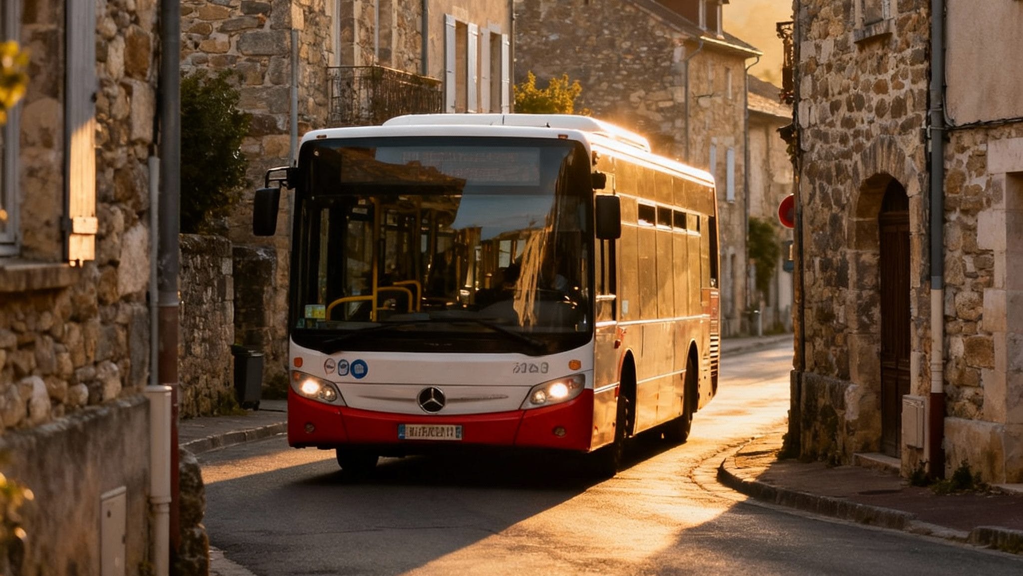 Bus du réseau TUDIP circulant dans une rue du centre historique du Puy-en-Velay, avec les bâtiments en pierre typiques de la ville et une lumière douce de matinée.