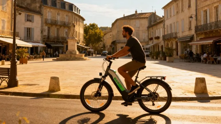 Vélo à assistance électrique Vélo’Cab stationné dans le centre d’Aurillac, sous un ciel clair, symbole du service de location de Stabus et de la CABA.