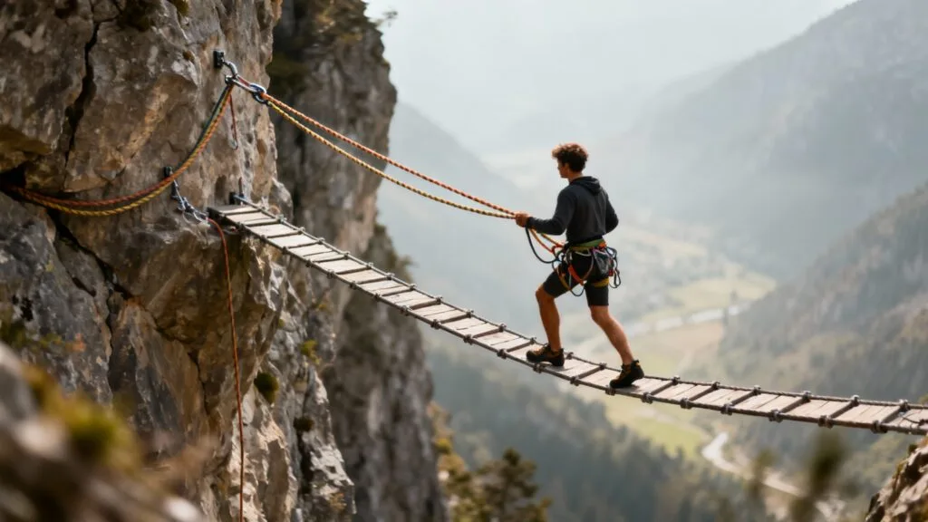 Participant en via ferrata sur pont de singe sécurisé