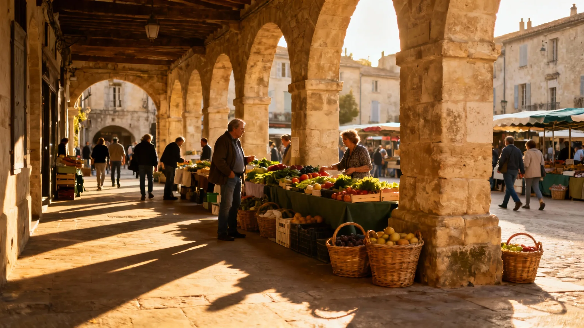 Place de bastide avec arcades et marché, esprit de villefranche de rouergue