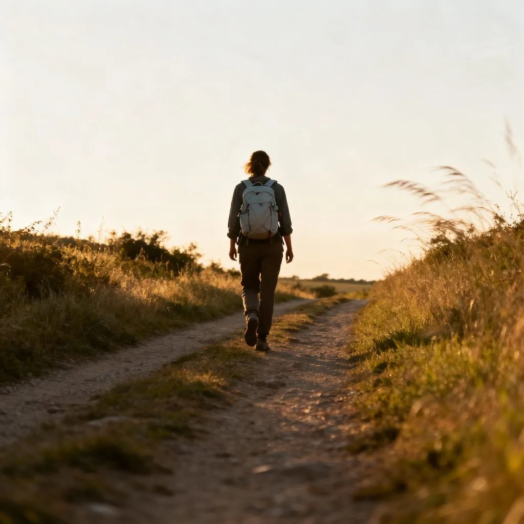 Voyageuse marchant sur un sentier de campagne en Auvergne avec un sac à dos